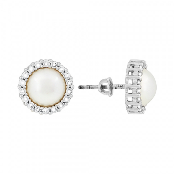 Серебряные серьги с имитац. жемчуга и фианитом № 70864