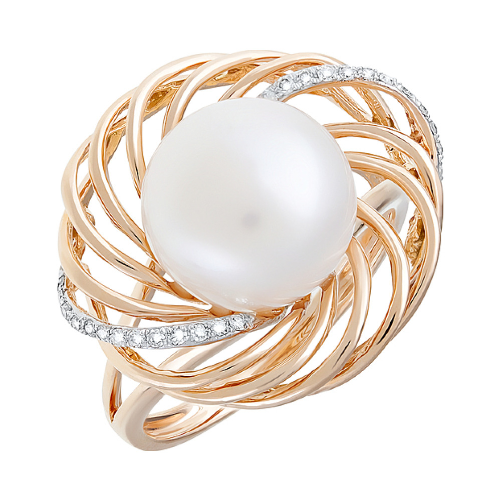 Золотое кольцо с бриллиантом и жемчугом № 113761