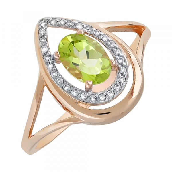 Золотое кольцо с хризолитом и фианитом № 119310