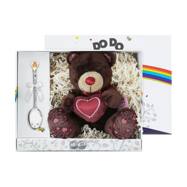 Набор для малышей DODO Медвежонок: игрушка и ложка с позолотой и с эмалью из серебра 925 пробы