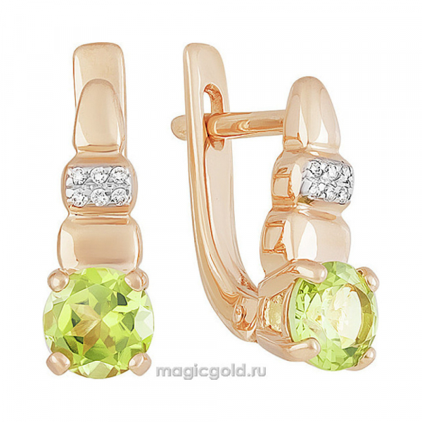 Золотые серьги с хризолитом и фианитом № 142199