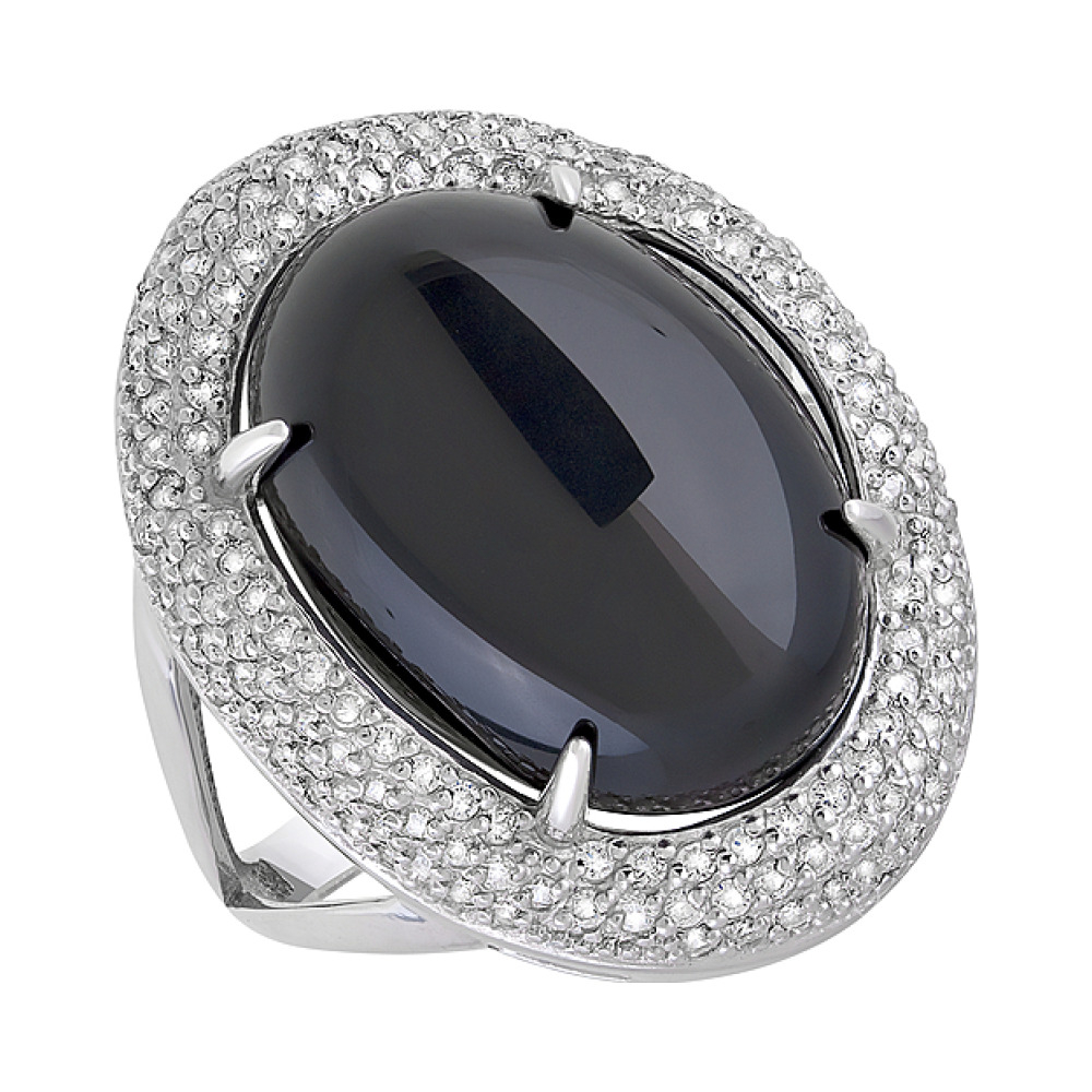 Серебряное кольцо с черным ониксом и фианитом № 128055