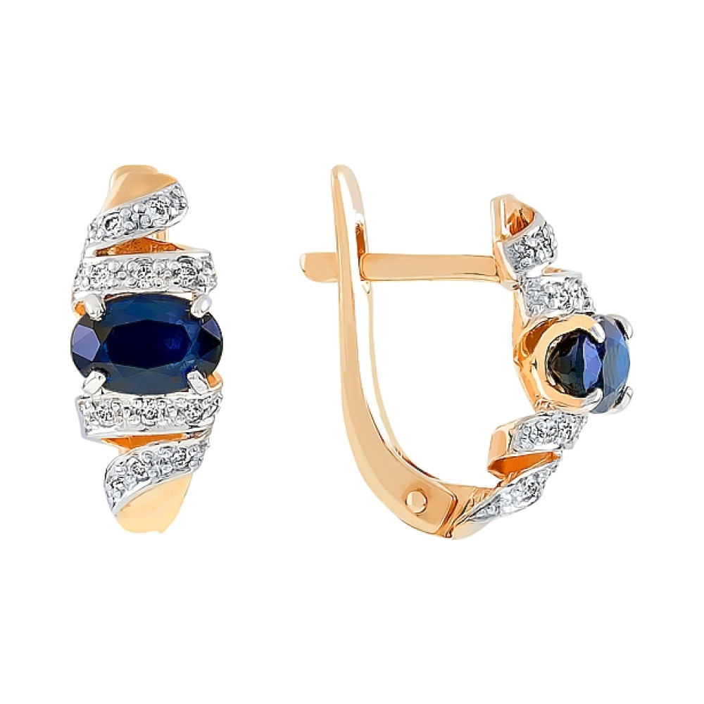 Золотые серьги с бриллиантом и сапфиром № 100405