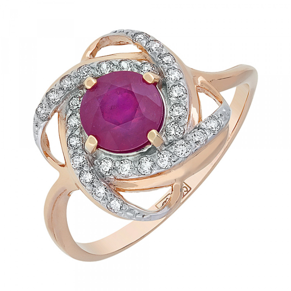 Золотое кольцо с рубином и фианитом № 114208