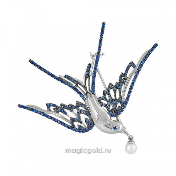 Серебряная брошь с жемчугом и фианитом № 138263