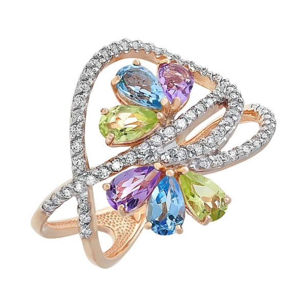 Золотое кольцо с аметистом, топазом, хризолитом и фианитами № 112153