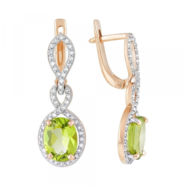 Золотые серьги с хризолитом и фианитом № 119366