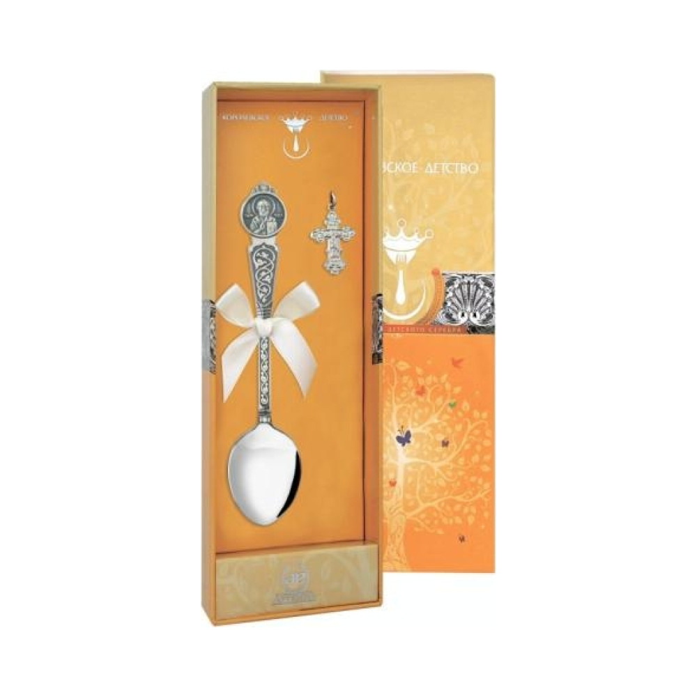 Набор "Крестильный" с ложкой "Николай Чудотворец" с позолотой + футляр