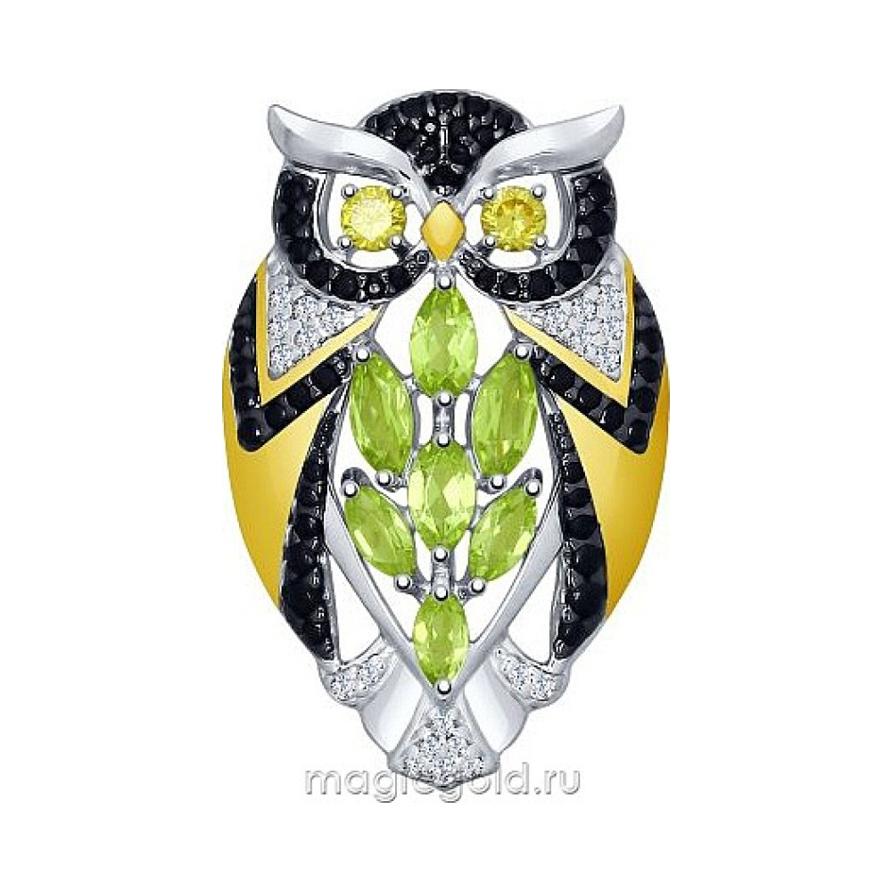 Серебряная брошь с хризолитом, фианитом и зол. покрытием № 155672