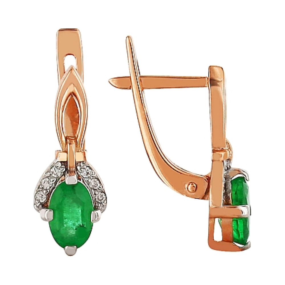 Золотые серьги с бриллиантом и изумрудом № 96396