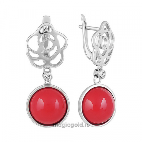 Серебряные серьги с кораллом и фианитом № 151447