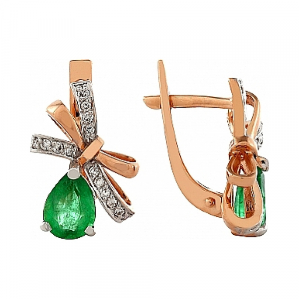 Золотые серьги с бриллиантом и изумрудом № 103498