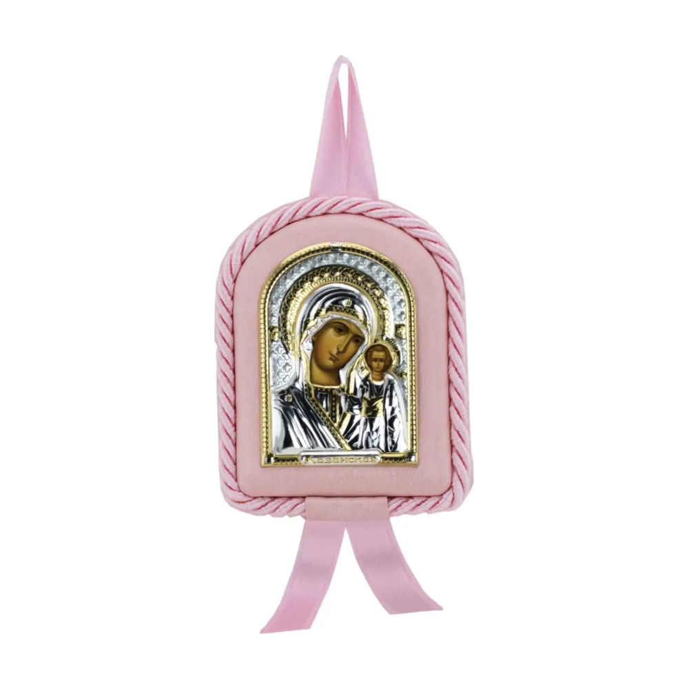 Набор детский Казанская Божья матерь: икона розовая, ложка с позолотой с М из серебра 925 пробы