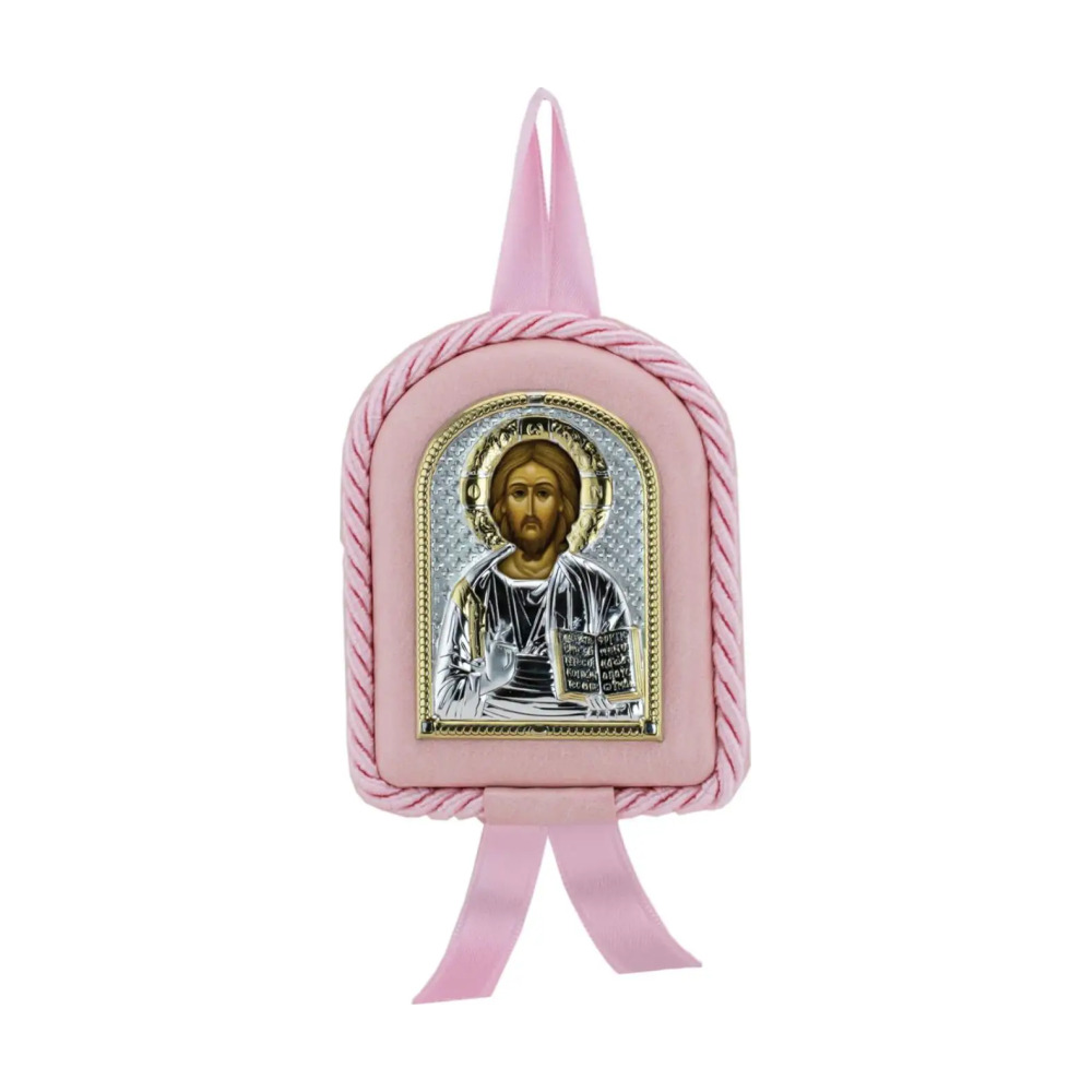 Набор детский Вседержитель: икона розовая, ложка с позолотой с Т из серебра 925 пробы