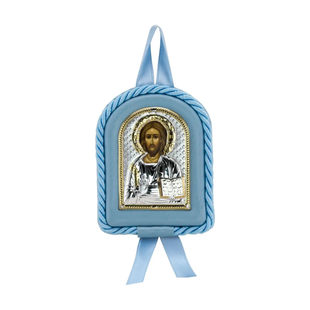 Набор детский Вседержитель: икона голубая, ложка с позолотой с Аиз серебра 925 пробы