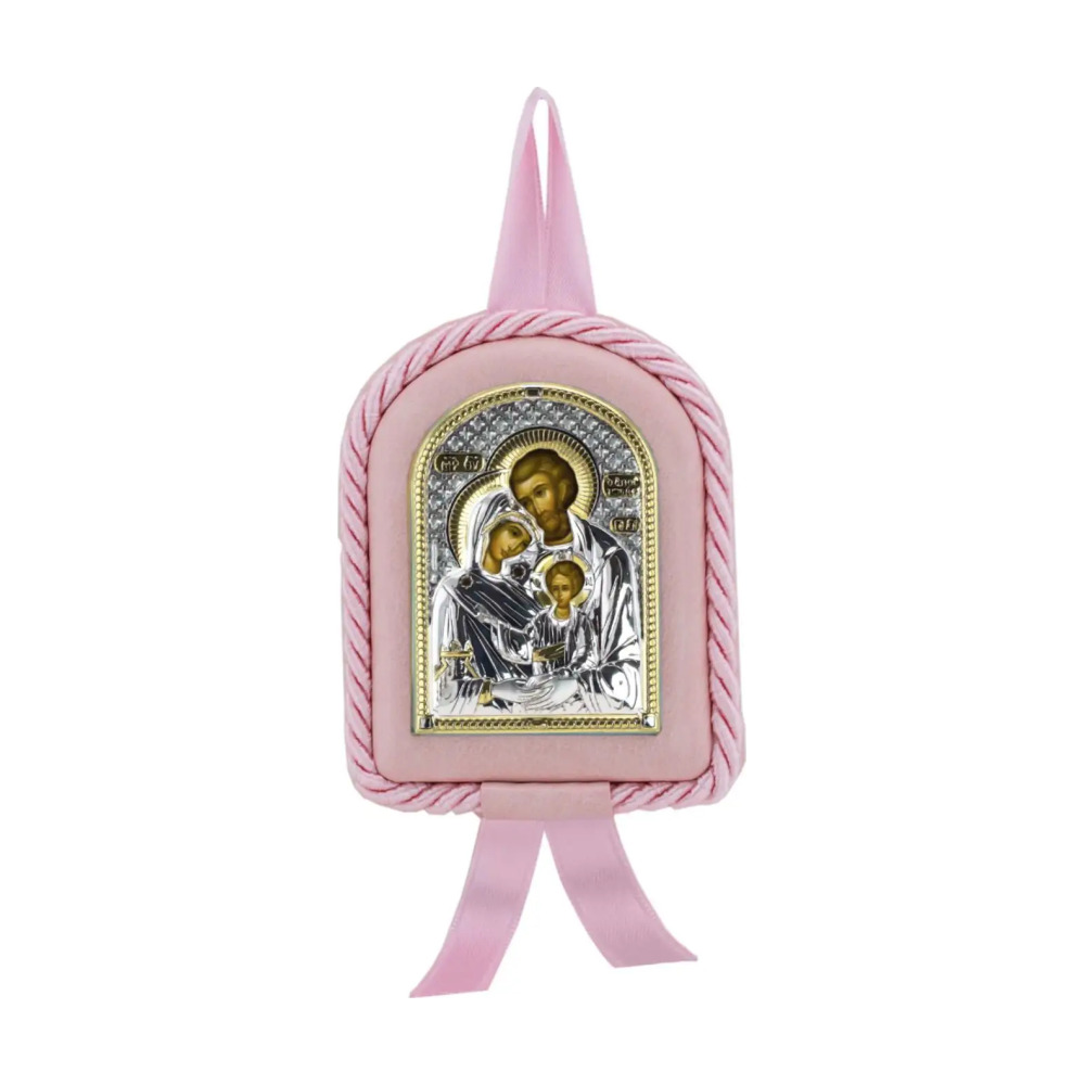 Набор детский Святое Семейство: икона розовая, ложка с позолотой с Т из серебра 925 пробы