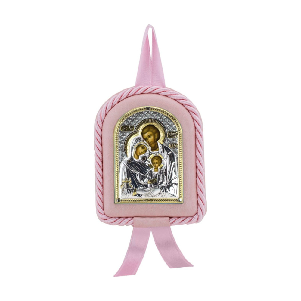 Набор детский Святое Семейство: икона розовая, ложка с позолотой с Н из серебра 925 пробы