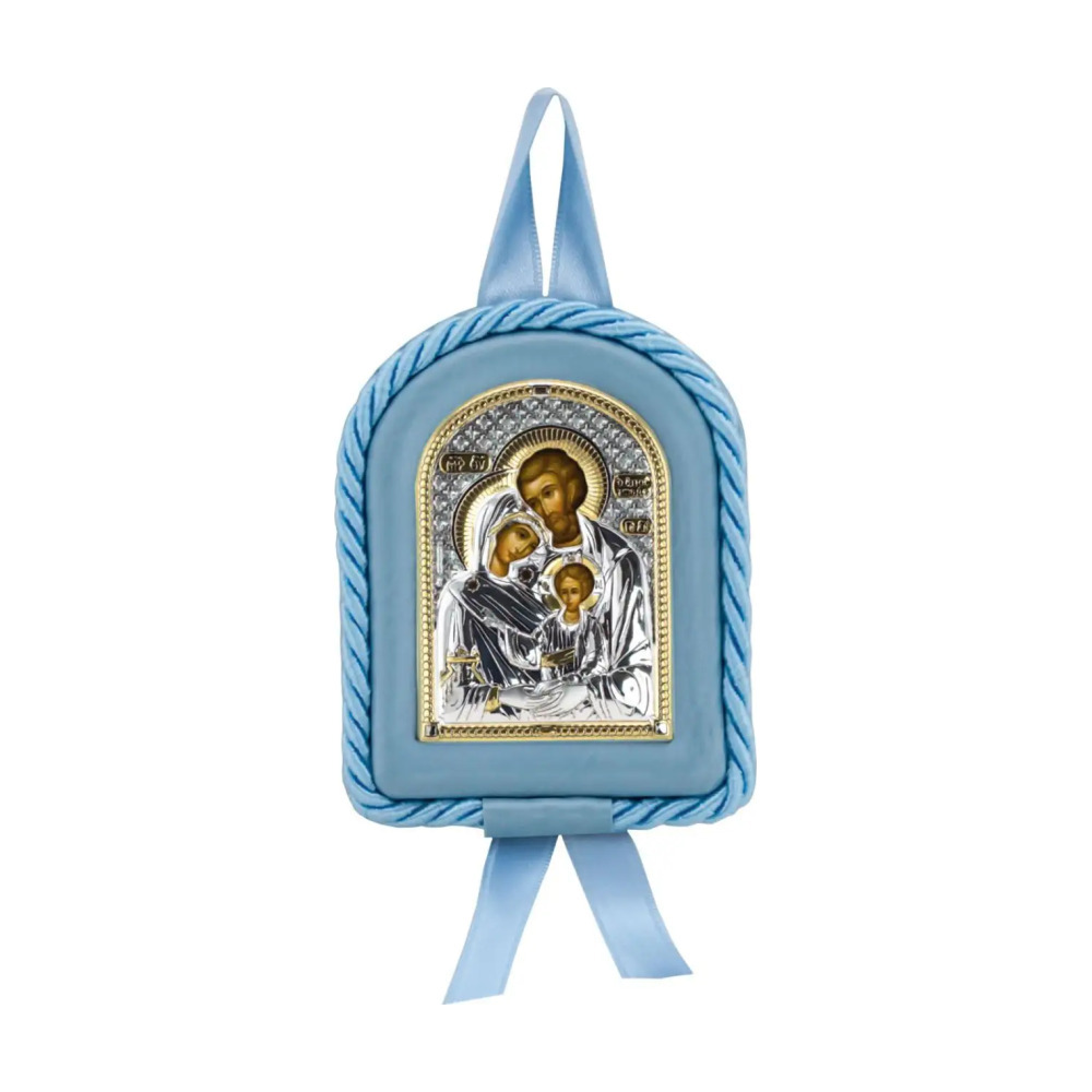 Набор детский Святое Семейство: икона голубая, ложка с позолотой с М из серебра 925 пробы