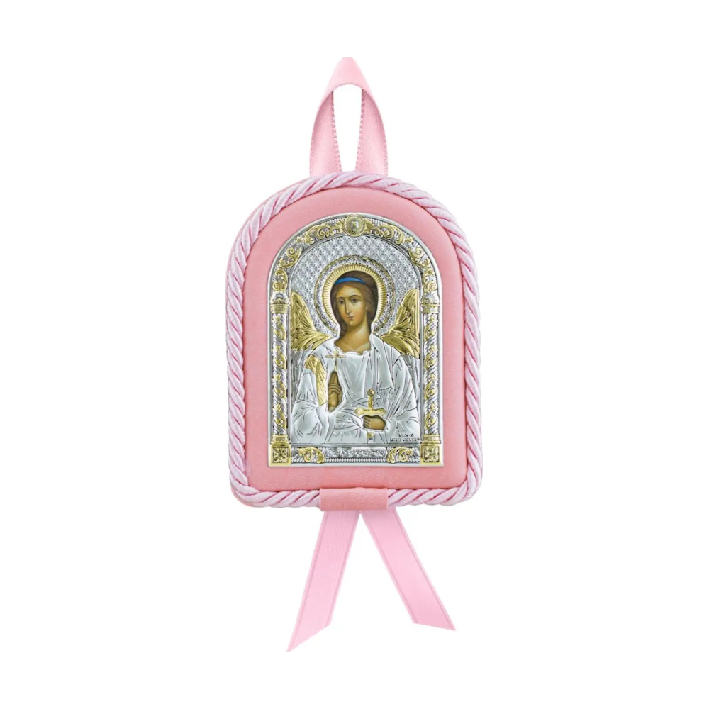 Набор детский Ангел Хранитель: икона розовая, ложка с позолотой с С из серебра 925 пробы