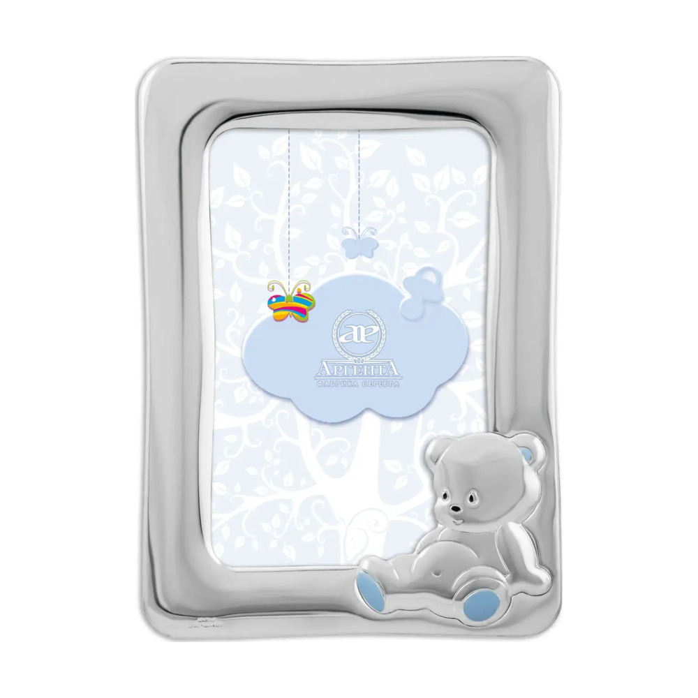 Набор детский DODO Медведь: ложка и рамка, голубой из серебра 925 пробы