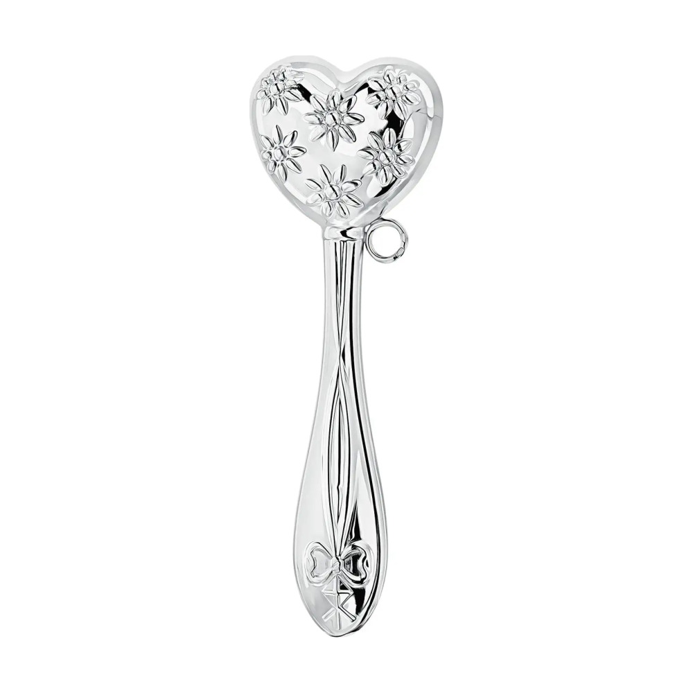 Погремушка Сердце с цветами из серебра 925 пробы