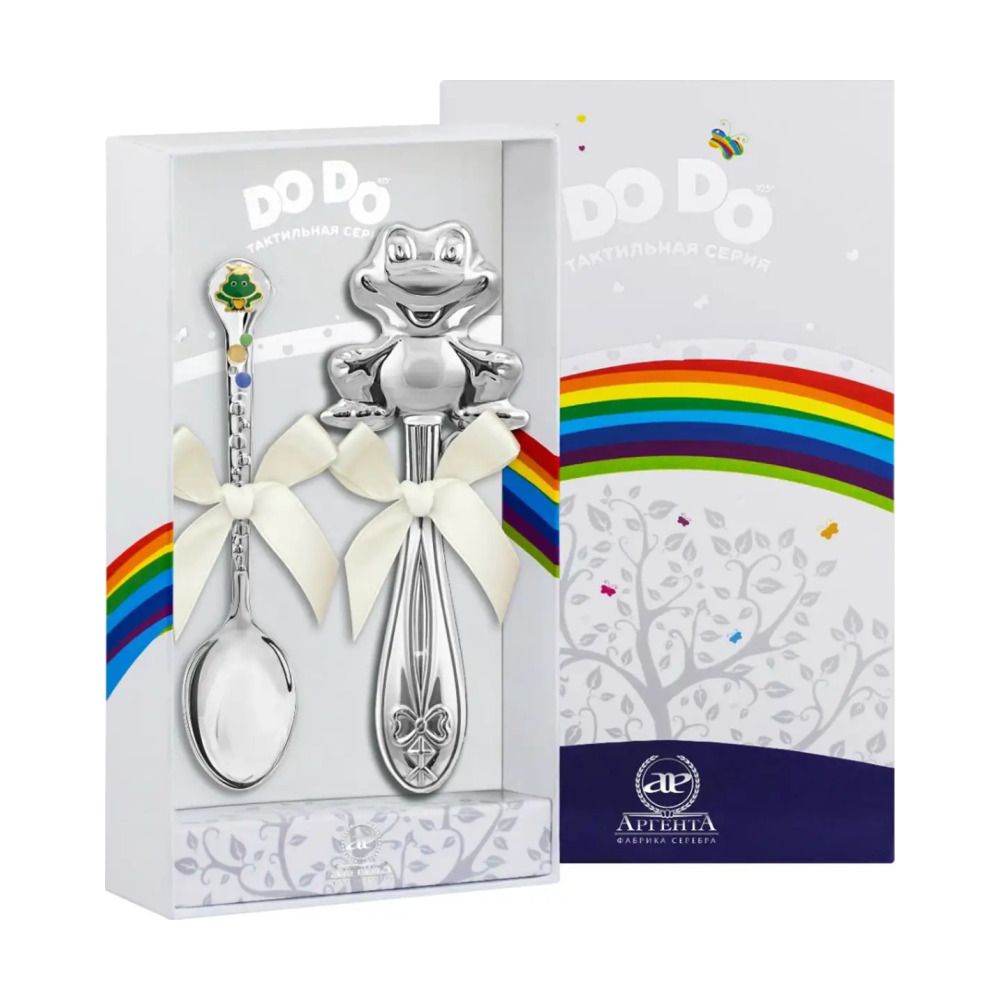 Набор для малышей DODO Лягушонок: ложка и погремушка из серебра 925 пробы