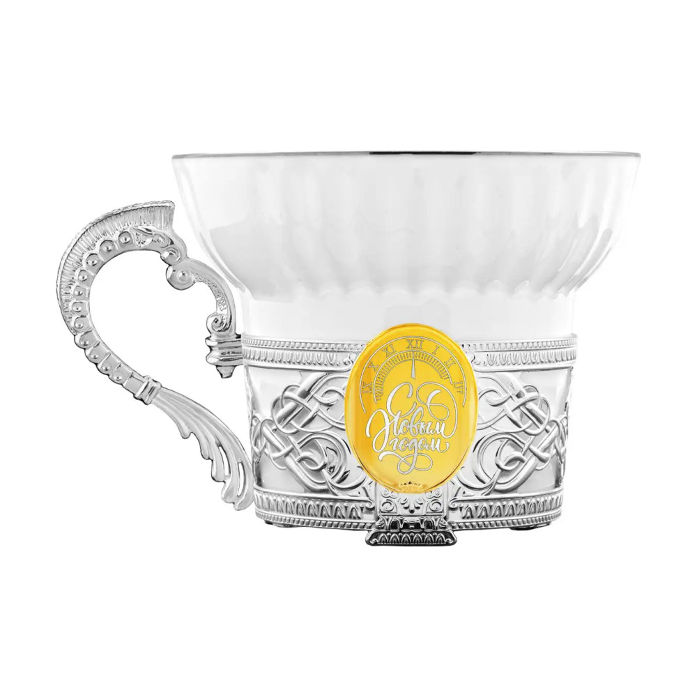 Набор чайный Куранты с позолотой: ложка, чашка в футляре из серебра 925 пробы подарок на Новый год