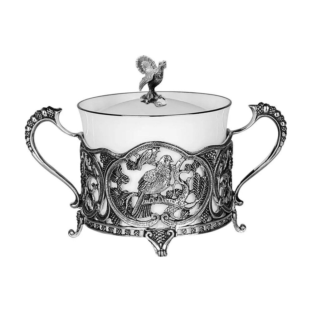 Набор Глухариный край: ложка, чашка, сахарница из серебра 925 пробы