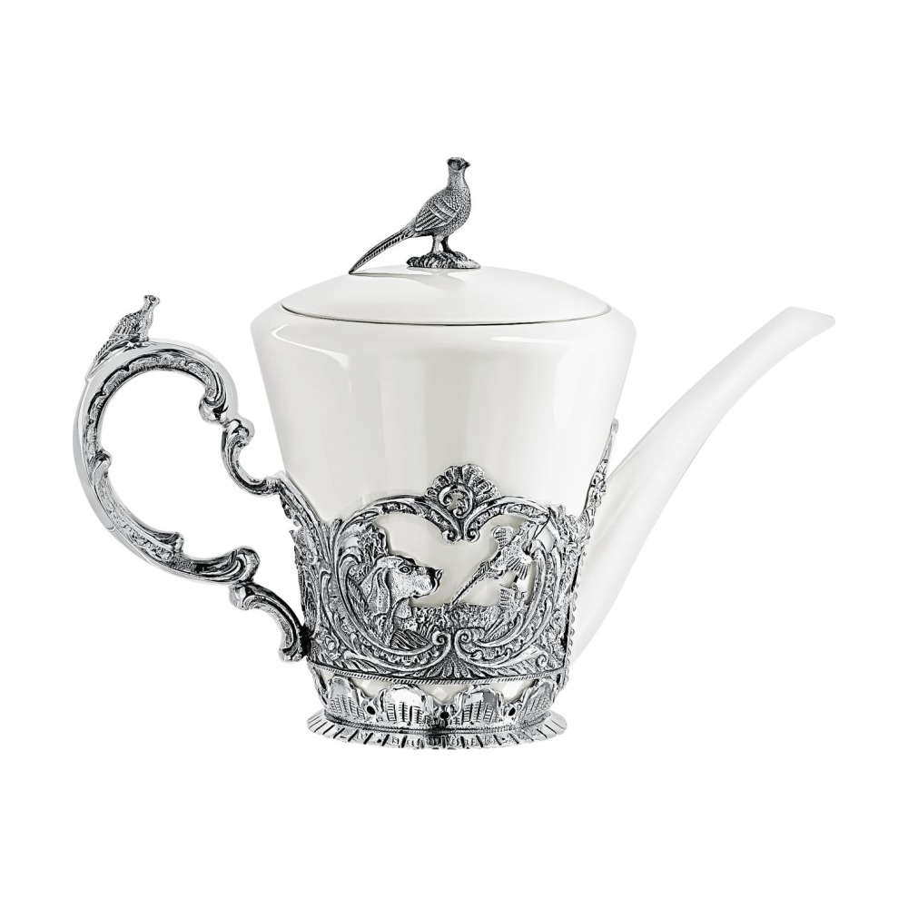 Набор Королевская охота: ложка, чашка, чайник, сахарница из серебра 925 пробы