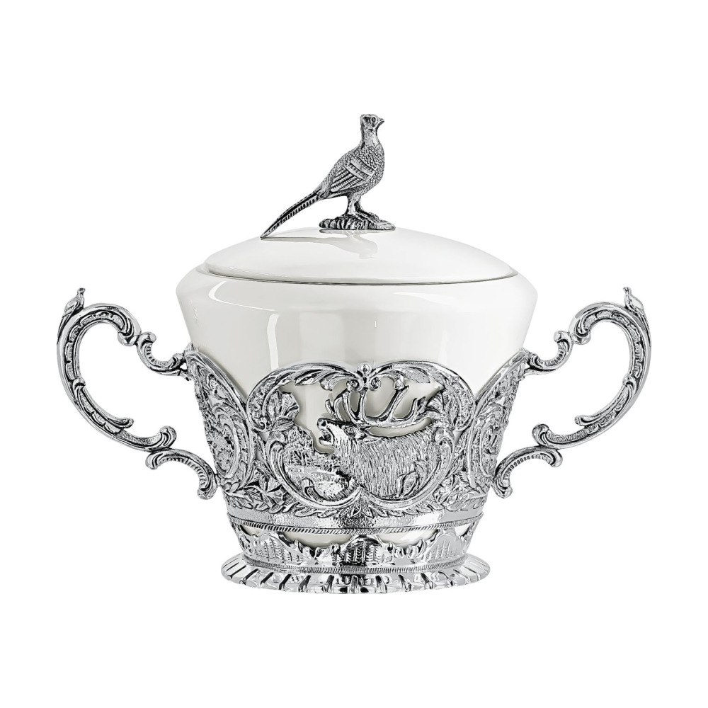 Набор Королевская охота: ложка, чашка, чайник, сахарница из серебра 925 пробы