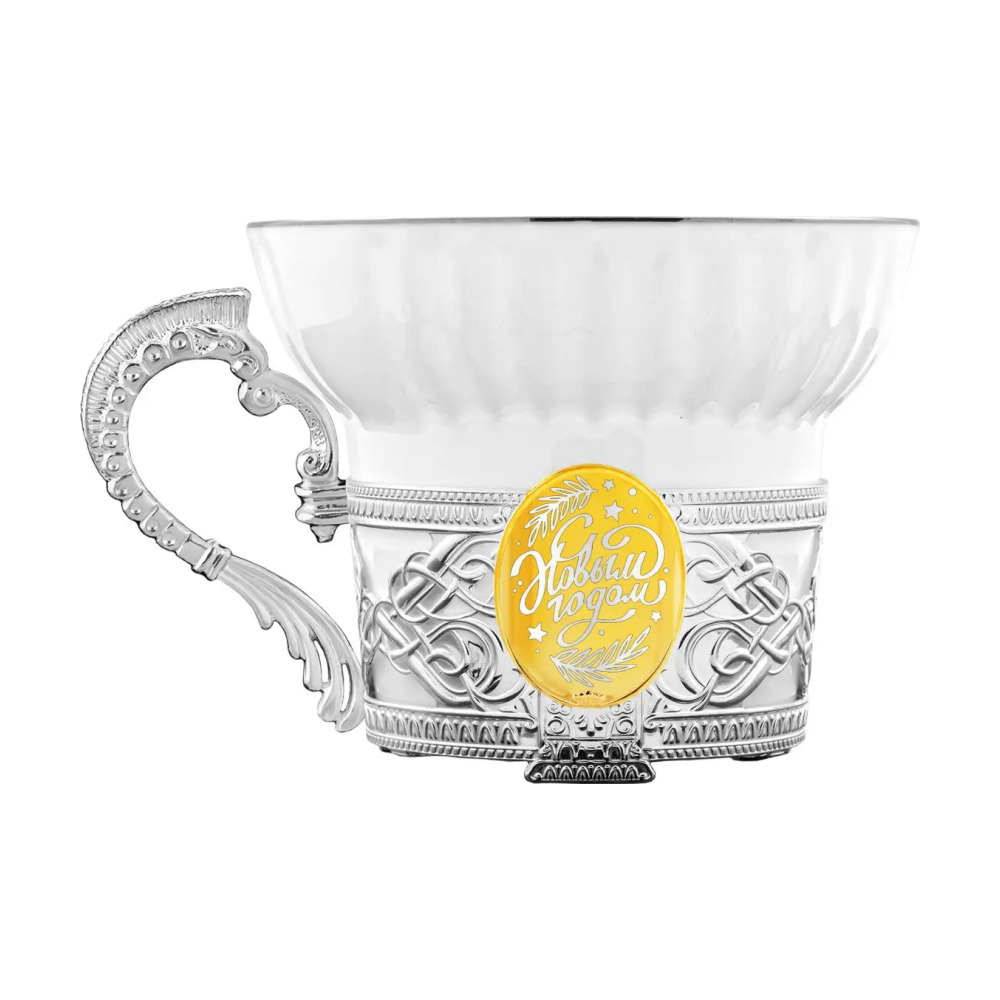 Набор чайный С Новым Годом с позолотой: ложка, чашка в футляре из серебра 925 пробы